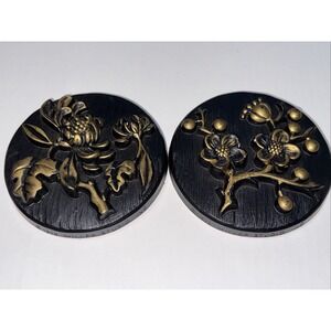 Set Of 2 Black Gold Chalk Ware Round Wall Plaques Flowers Berries Leaf Retro MCM